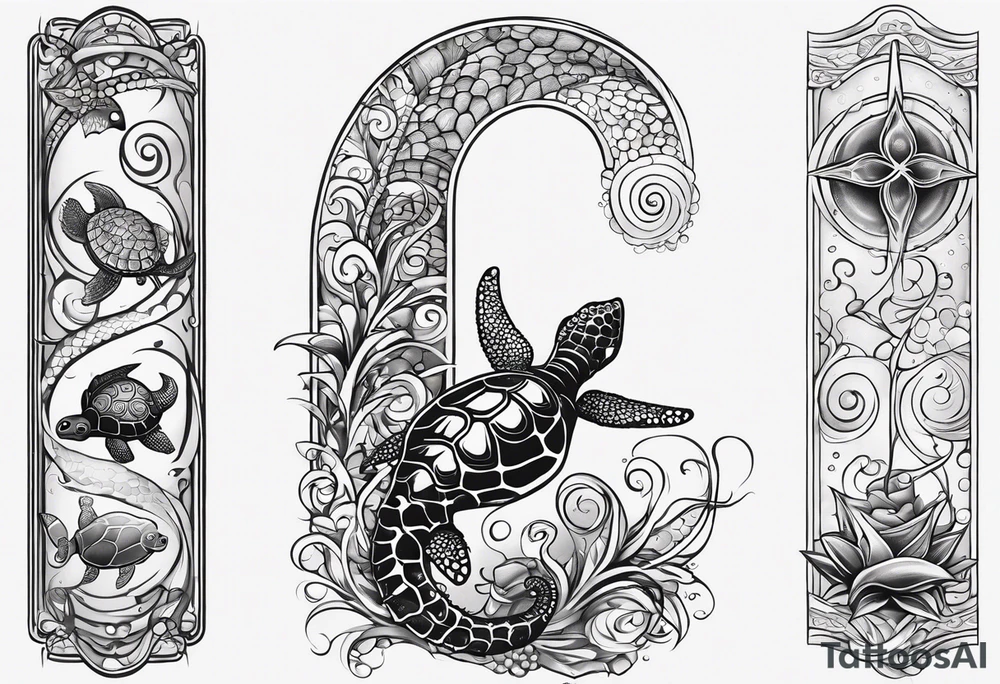 Small Starfish, Seahorse and turtle in a vertical line with bubbles tattoo idea