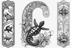 Small Starfish, Seahorse and turtle in a vertical line with bubbles tattoo idea