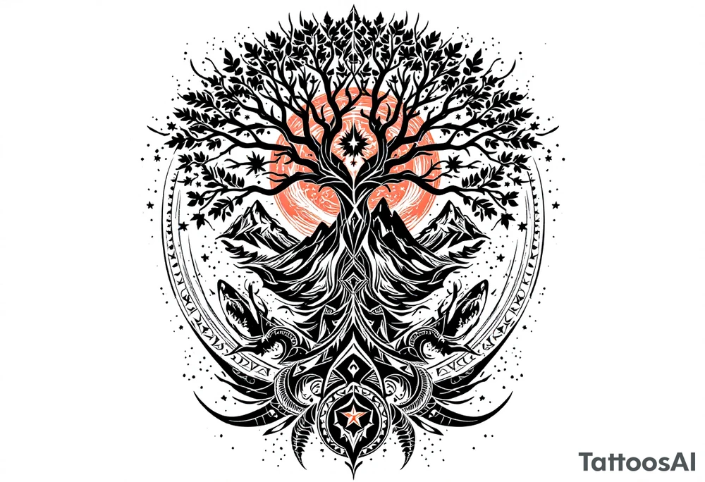 tattoo that has an acacia tree with mountains, ocean with a ship wreck with sharks and the bright northern star tattoo idea