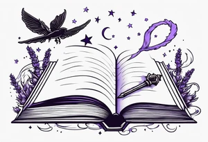 an open fantasy book. a high flying dragon. A fallen pawn piece. a cluster of lavender wrapped around a sword with a bee under book. A tiny raven. Stars and crescent moon tattoo idea