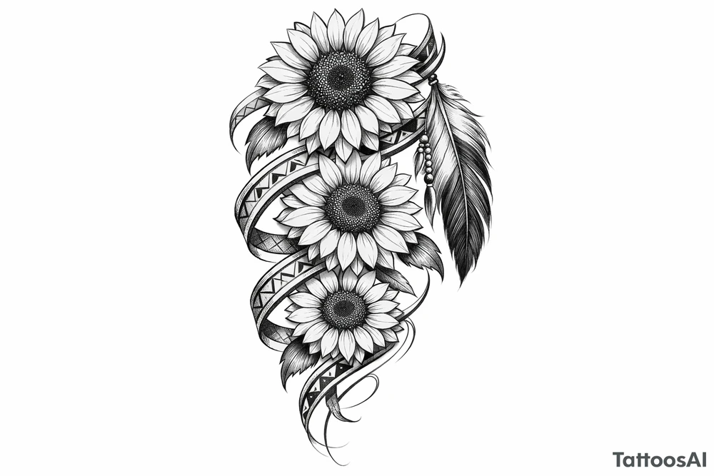 3 cascading Sunflowers with an Indian feather all wrapped in Indian ribbon tattoo idea