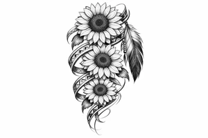 3 cascading Sunflowers with an Indian feather all wrapped in Indian ribbon tattoo idea