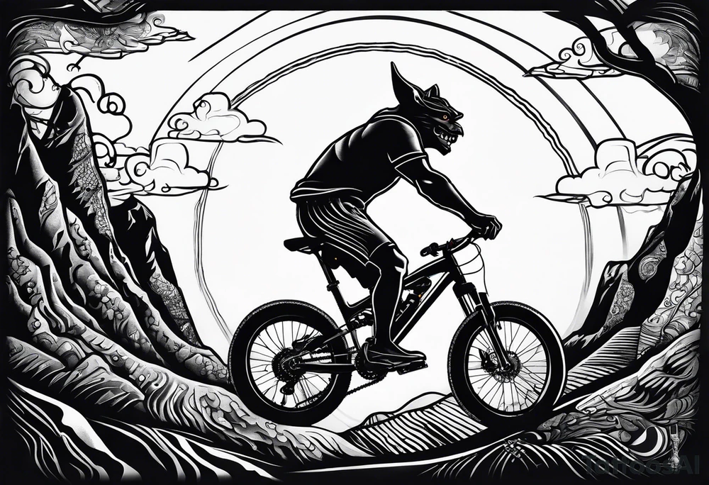 gargoyle riding a full suspension mountain bike with a shadow no background tattoo idea