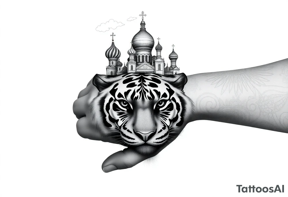 Realistic tiger face on the back of the hand with strong contrast and fine detail with its eyes completely black. with a highly detailed Russian Orthodox cathedral sitting above on fore arm with onion domes and orthodox crosses, done in fine line, engraving-like style. Cohesive composition, black ink only, no color, high contrast, slightly aged, documentary-style, plain light background. with clouds above and a virgin mary 
spanning from my hand to lower fore arm tattoo idea