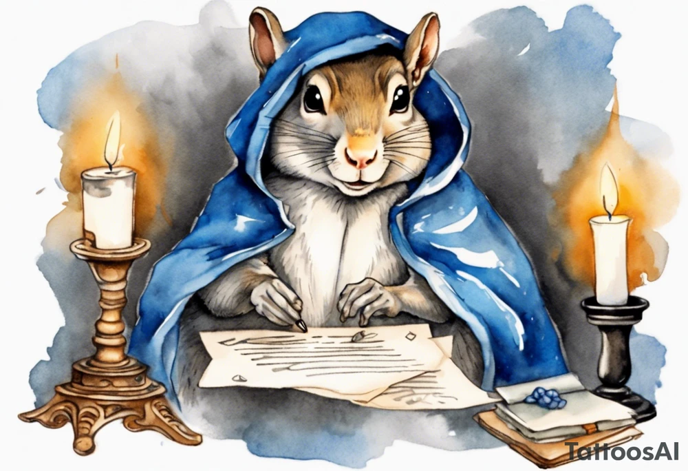 an elderly grey squirrel dressed in a grey and blue cloak writing a letter by candlelight tattoo idea