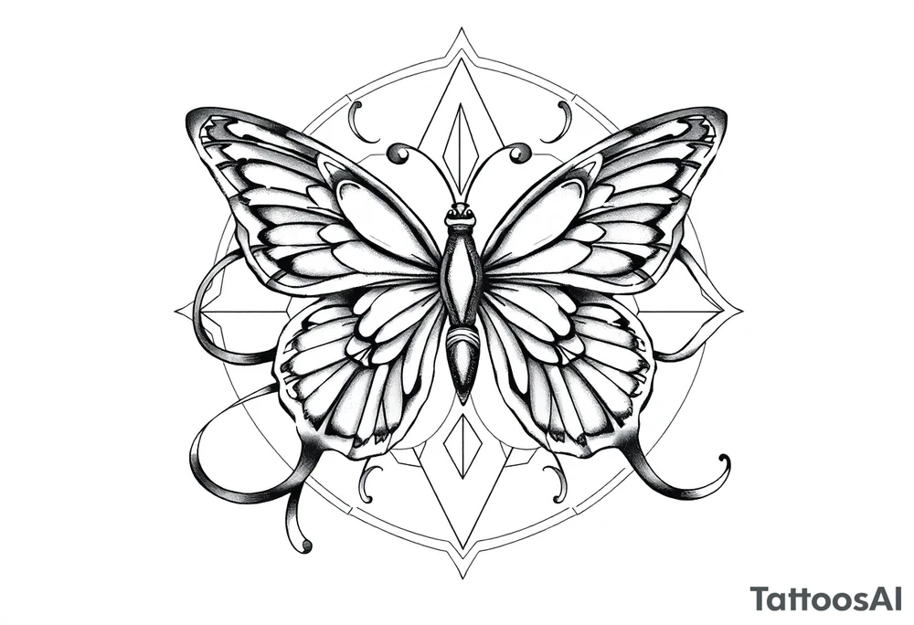 ethereal butterfly with flowing silk ribbons in geometric mandala tattoo idea