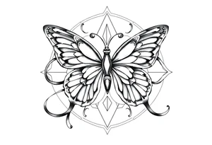 ethereal butterfly with flowing silk ribbons in geometric mandala tattoo idea