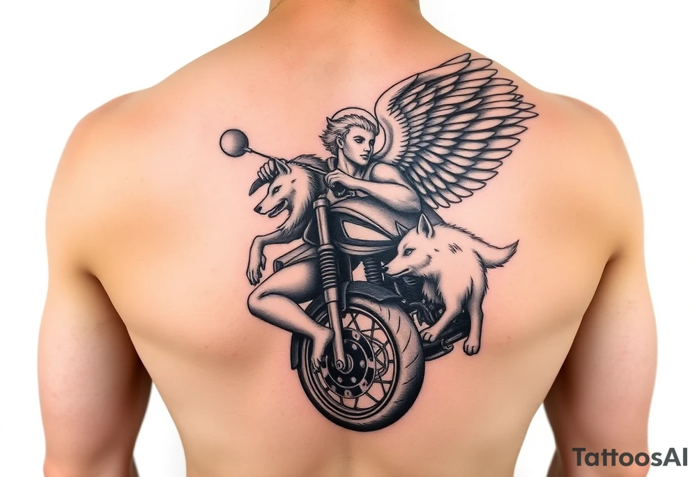 a motorcycle on it with guardian angel wolves on the nike tattoo idea