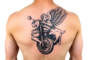 a motorcycle on it with guardian angel wolves on the nike tattoo idea