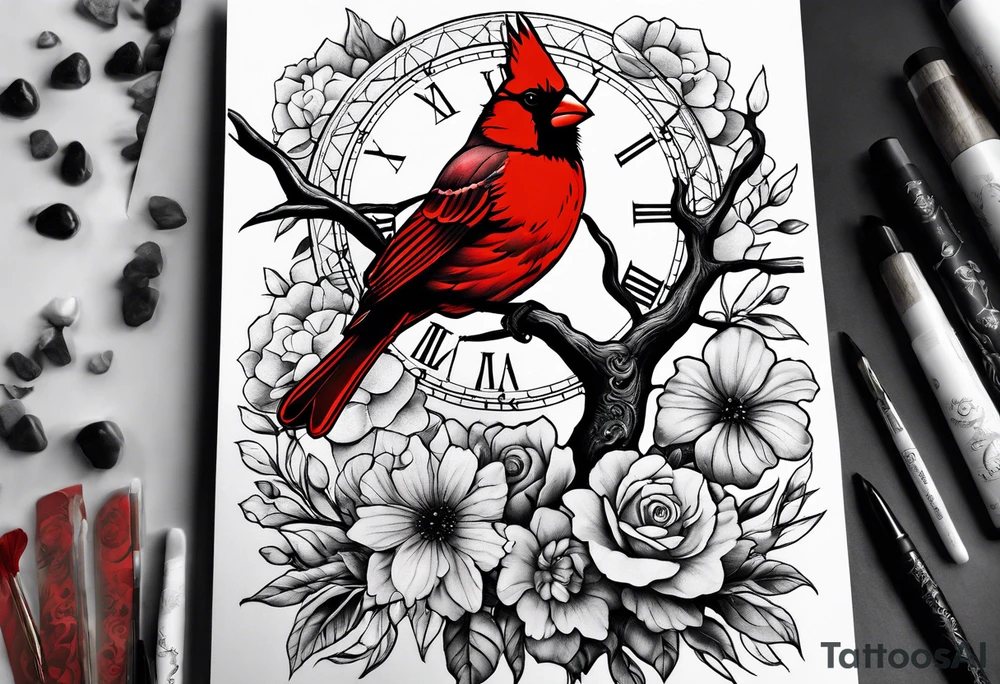 Trees, flowers, clock, red cardinal, representing growth from grief tattoo idea