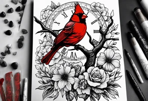 Trees, flowers, clock, red cardinal, representing growth from grief tattoo idea