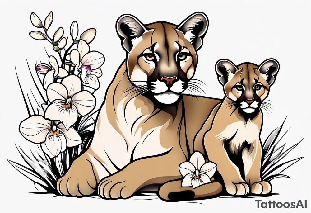 Mother mountain lion with 2 cubs orchids tattoo idea
