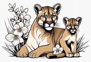 Mother mountain lion with 2 cubs orchids tattoo idea