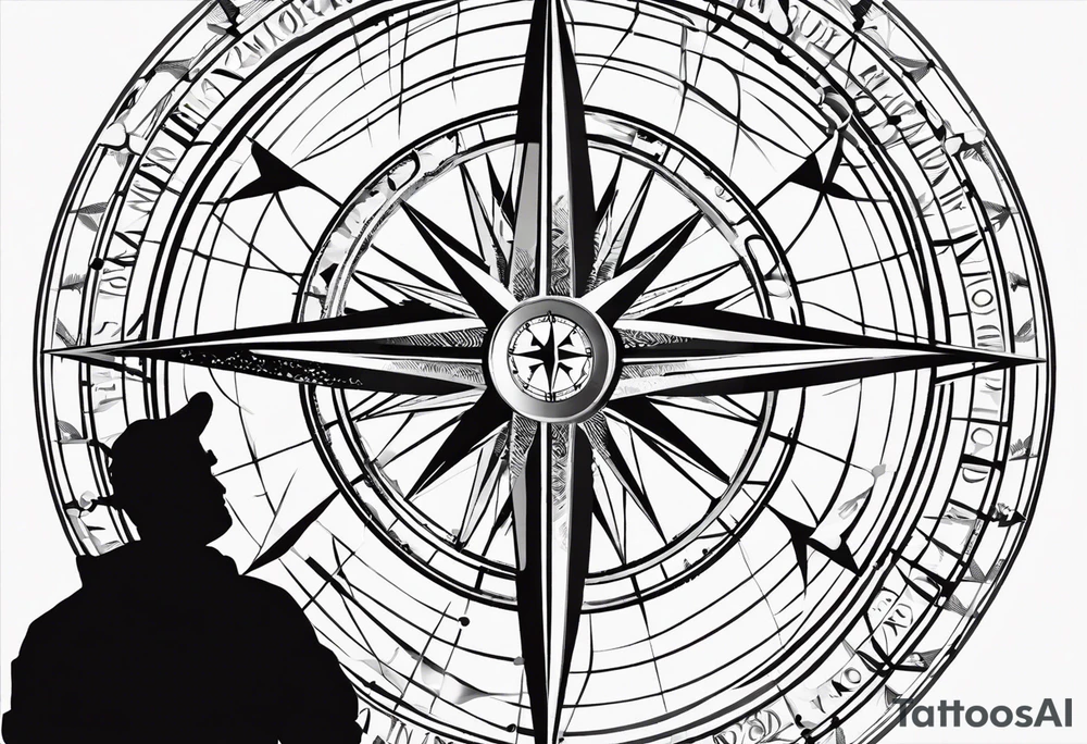 Compass Rose: Positioned on the shoulder with long straight lines radiating outward in all directions.
Lines: Transform into latitude and longitude lines further down the arm, creating a detailed backdrop.
Diver: In the foreground, a diver facing forward, with hands out as if holding a ball.
Silhouette: Instead of a ball, a small scuba diver's silhouette swimming upward between the diver's hands. tattoo idea