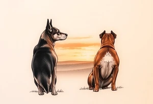 a merle australian cattle dog and a tan pitbull standing looking out over into the sunset tattoo idea