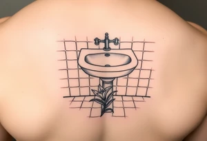 bathroom sink on tile floor with lily coming up out of the floor tattoo idea