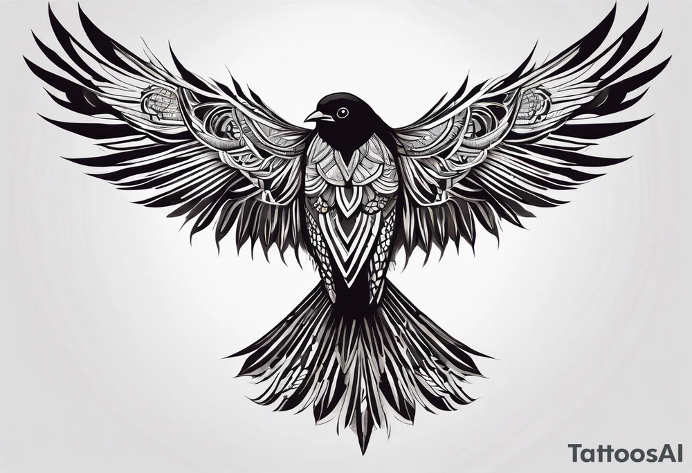 A detailed drawing of a black bird with outstretched wings, showcasing intricate feather patterns. The bird is centered on a plain white background, capturing a realistic and dynamic pose that emphasizes its wingspan and form. tattoo idea