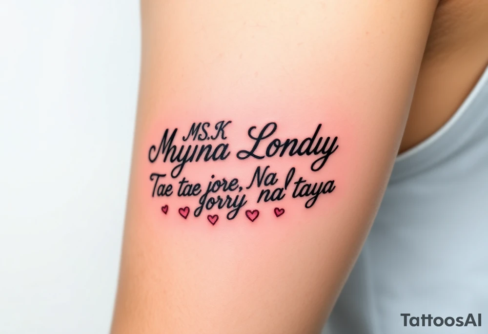 Cursive words that say, 

M.S.K

Chyna

Londyn

Gurly 

Tae tae 

Na jorya 

Na taya
 surrounded by little hearts & stars tattoo idea