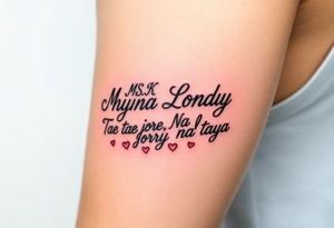 Cursive words that say, 

M.S.K

Chyna

Londyn

Gurly 

Tae tae 

Na jorya 

Na taya
 surrounded by little hearts & stars tattoo idea