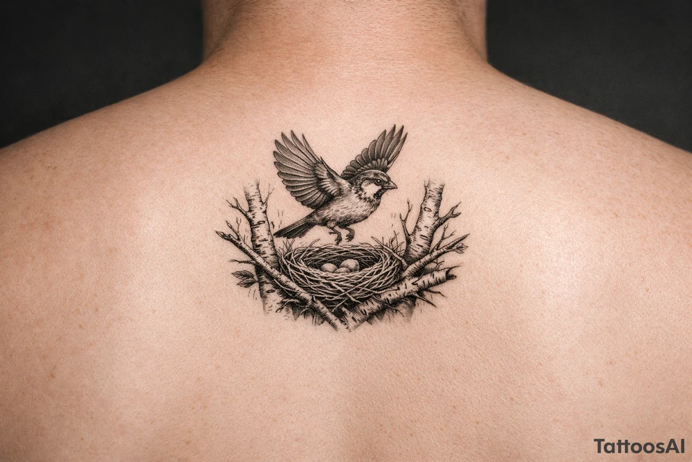 fine line black and grey tattoo of a detailed sparrow taking flight from a simple nest nestled in silver birch branches on upper arm outter bicep tattoo idea