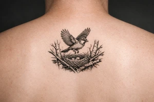 fine line black and grey tattoo of a detailed sparrow taking flight from a simple nest nestled in silver birch branches on upper arm outter bicep tattoo idea