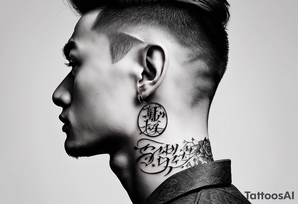 Tattoo behind the ear saying “only one life” in Japanese on male tattoo idea