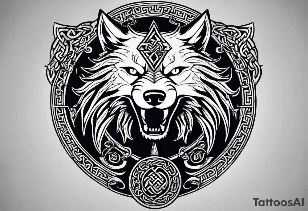 A powerful tattoo design combining Nordic, Greek, and Celtic symbols to represent someone who made you believe in humanity's goodness, only to turn out to be its ultimate betrayer. The centerpiece is a snarling wolf, symbolizing Fenrir, with glowing eyes and an open mouth, representing betrayal and destruction. Surrounding the wolf is the Ouroboros, a serpent eating its own tail, symbolizing the endless cycle of trust and betrayal. The Triskelion, with its three interlocking spirals, appears in the background or as a border, representing the shifting balance between light and dark. Incorporate fire and ice elements to reflect the contrast between warmth (trust) and coldness (betrayal), with Celtic knotwork and runes adding ancient, mystical depth to the design. tattoo idea