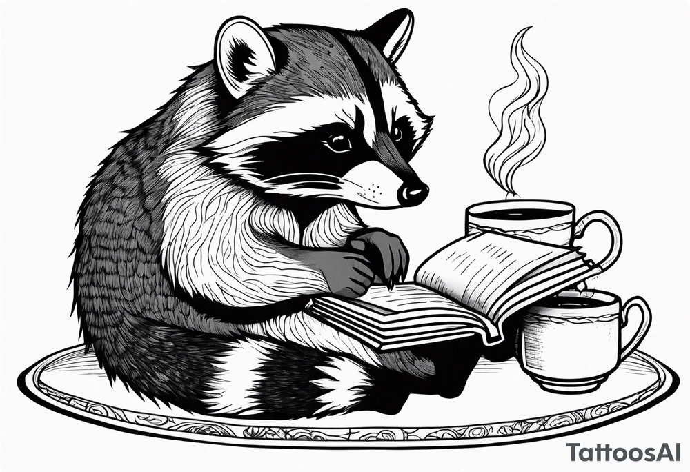 A raccoon drinking tea and reading a book tattoo idea