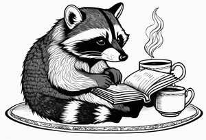A raccoon drinking tea and reading a book tattoo idea