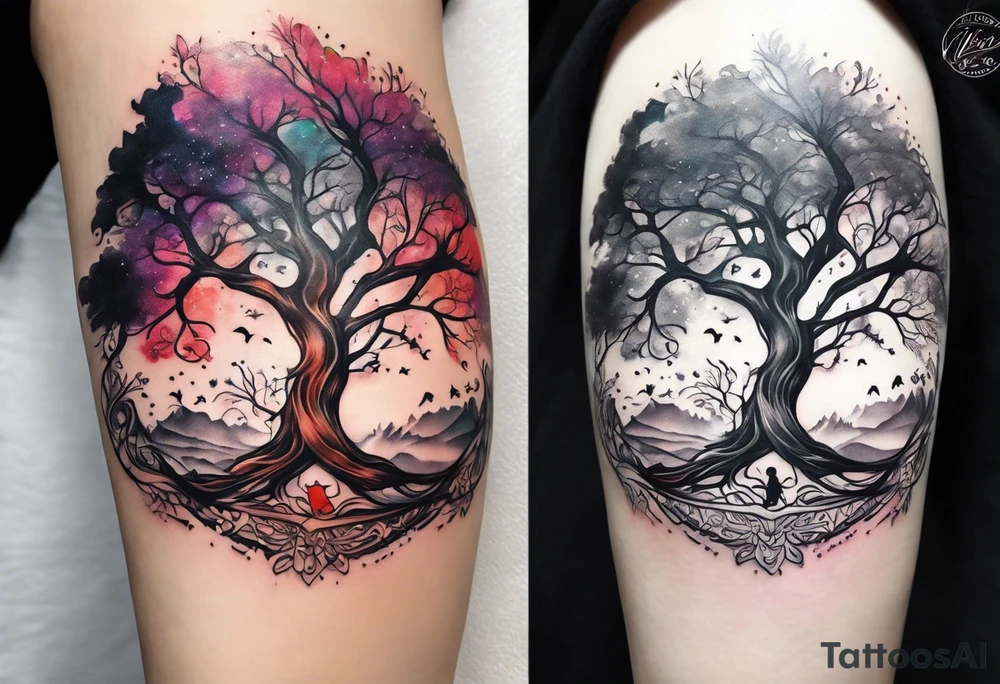 little girl swinging under a tree of life tattoo idea