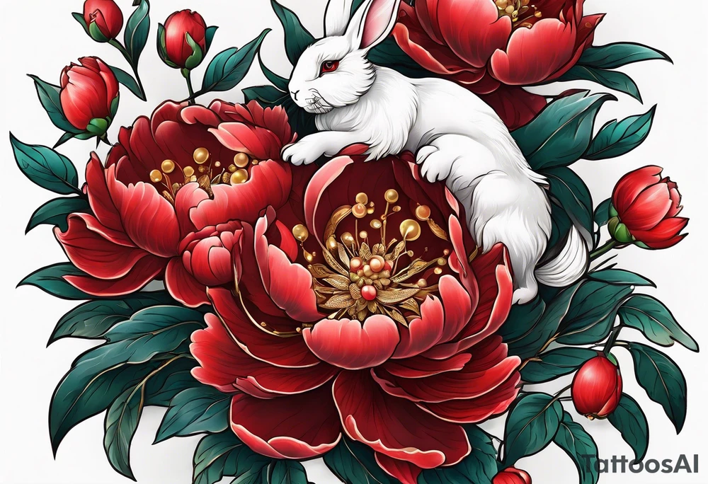 Red peony with dangling pearl necklace and rabbit tattoo idea