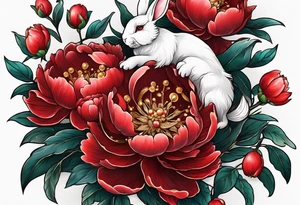 Red peony with dangling pearl necklace and rabbit tattoo idea