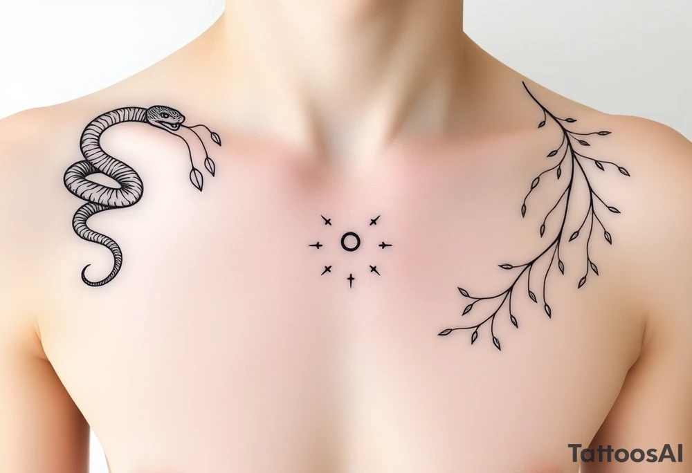 "Design a symbolic, artistic black-ink chest tattoo that spans both collarbones. On the left collarbone, depict a snake gracefully wrapped and coiled around the bone, its head resting near the center of the chest. From the snake’s mouth, instead of venom, delicate leaves are flowing outward — symbolizing letting go, surrender, and release. In the center of the chest, where the sternum lies, include subtle symbolic elements representing trust in the universe — like stars, a tiny spiral, or a soft sunburst — signifying alignment and faith. On the right collarbone, continue the story: flowing lines or abstract shapes that radiate resilience, strength, and hope — suggesting a journey or upward growth, like branches or a phoenix rising. The style should be elegant, fine-line, and minimalistic, yet deeply artistic and symbolic. The design should blend with the natural shape of the collarbones and sternum, evoking quiet power and inner transformation. Light skin tone, soft natural lighting." tattoo idea