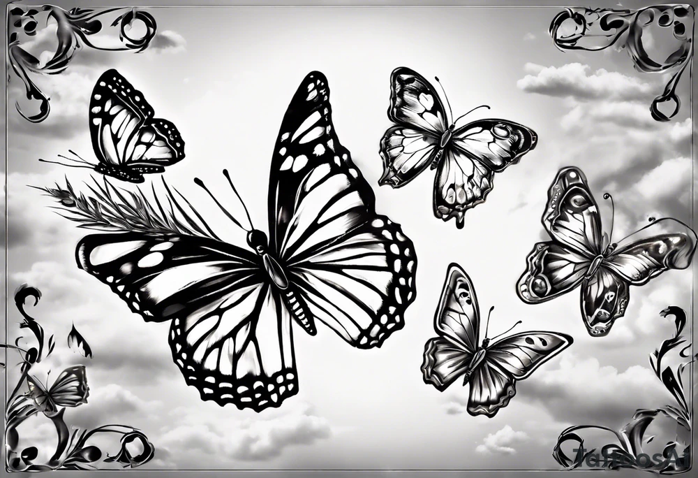 5 butterfly’s dad butterfly, with initial E. O mom butterfly with initial L. O daughter butterfly initial M 2nd daughter with initial M son butterfly initial R.o background the sky beautiful sky colors and grassy area. tattoo idea