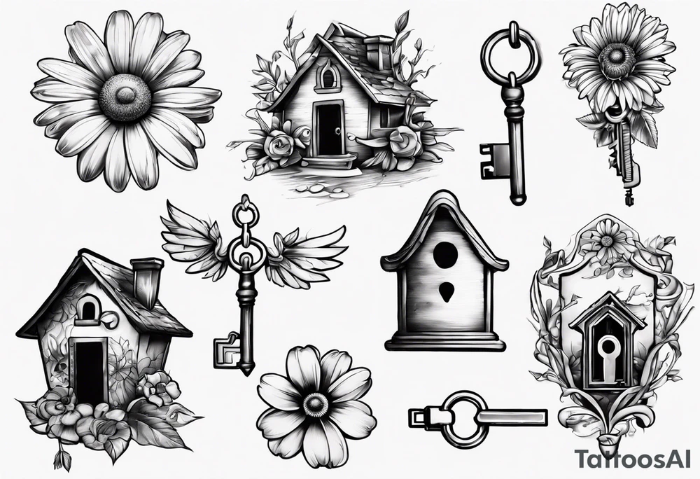 Daisy and house and lock key tattoo idea