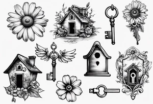 Daisy and house and lock key tattoo idea