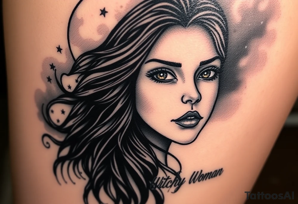 Mystical / detailed realism gothic style
Placement: thigh
 Full moon, raven-haired woman with glowing brown eyes
 Fog and stars (if that’s what you meant?)
Witchy Woman” song lyrics incorporated based off the song  witchy woman tattoo idea