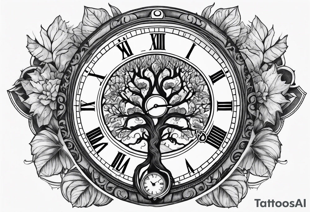 Yggdrasil with an old watch face. Half the watch face is broken. tattoo idea