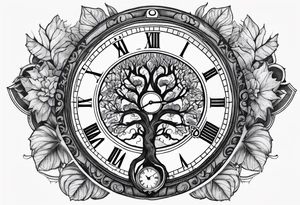 Yggdrasil with an old watch face. Half the watch face is broken. tattoo idea