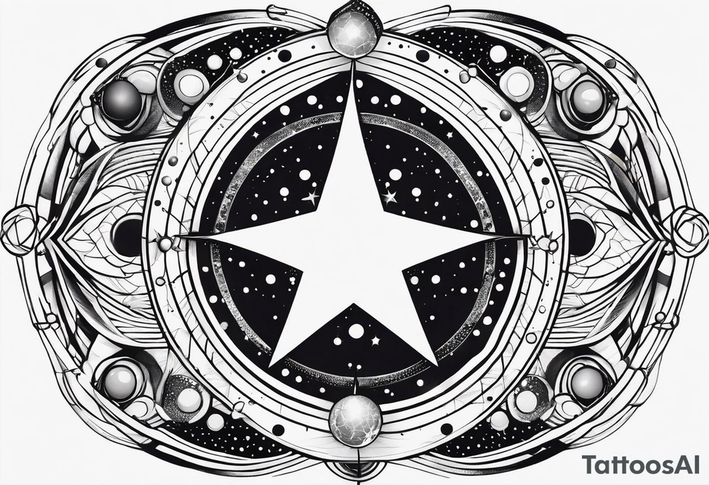 A strict ring is an orbit with small dots symbolizing the planets. The central point is a star. tattoo idea