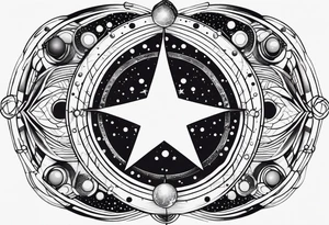 A strict ring is an orbit with small dots symbolizing the planets. The central point is a star. tattoo idea