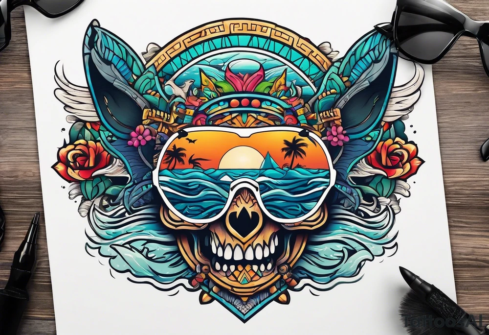 Colorful Mayan hieroglyph wearing sunglasses with ocean waves and bats tattoo idea