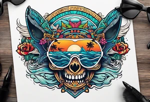 Colorful Mayan hieroglyph wearing sunglasses with ocean waves and bats tattoo idea