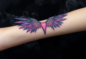 An abstract angel of death emerging from smoke, its wings composed of fragmented dark shards, glowing with neon purple and orange accents. tattoo idea