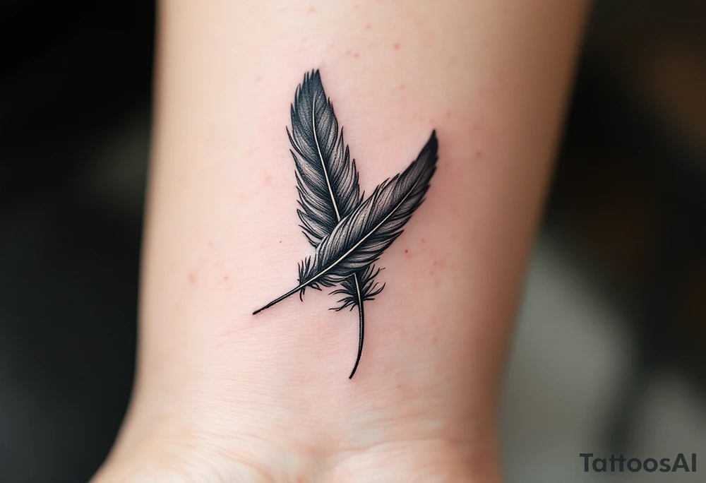 Two soft black and gray crow feathers crossed over each other, detailed with fine lines and subtle shading, symbolizing duality and transformation. tattoo idea