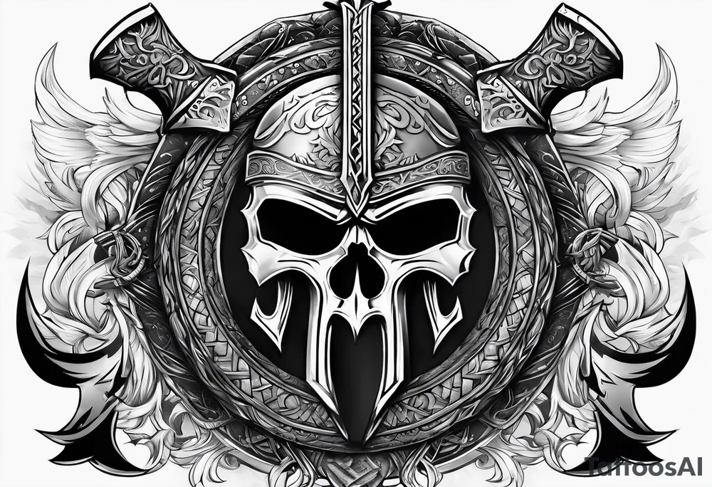 Valhalla sword shield axe mist fog tattoo idea