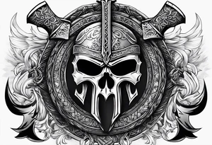 Valhalla sword shield axe mist fog tattoo idea