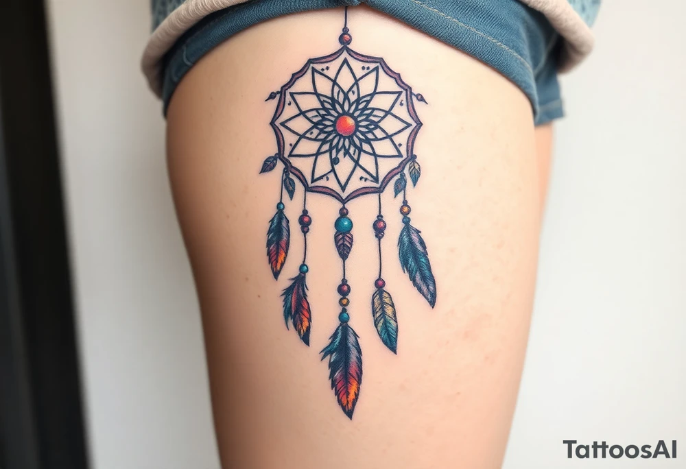 native dreamcatcher with flowing feathers and sacred beads tattoo idea