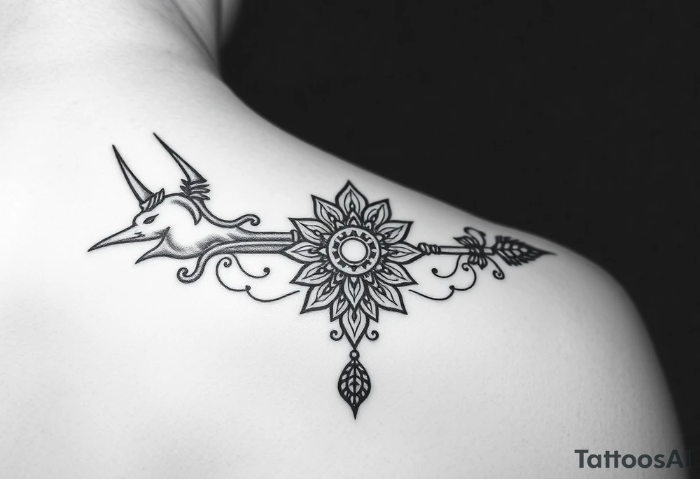 Intricate Hindu spiritual arm band tattoo featuring Lord Shiva’s Trishul as the central element, with one prong designed as Hanuman’s Gada and the other adorned with Shri Krishna’s peacock feather, a detailed Shiva Damru placed at the center of the Trishul, fine line art with black ink, symmetrical design wrapping around the arm, traditional Indian sacred motifs, dotwork and shading for depth, highly detailed, divine and powerful aesthetic" tattoo idea