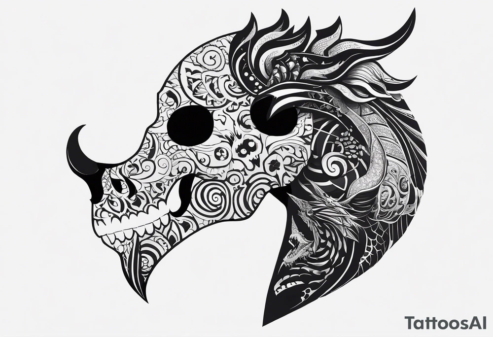 A black-and-white silhouette illustration of a fantastical skull with intricate details, its face twisted into surreal, angular shapes. Wrapped around the skull is a dragon, its body coiled in a striking, dynamic pose, with sharp, bold outlines for its scales and features. Surrounding the main skull are several smaller skulls, each with distinct, abstract patterns formed from solid black lines and shapes. The overall design is rich in detail, but entirely in black and white, with no shading or gradients. The background is dark and minimalistic, with swirling, shadowy shapes that add a sense of mystery and the supernatural. The composition embodies dark fantasy, emphasizing death and creativity through sharp contrasts and striking silhouettes. tattoo idea